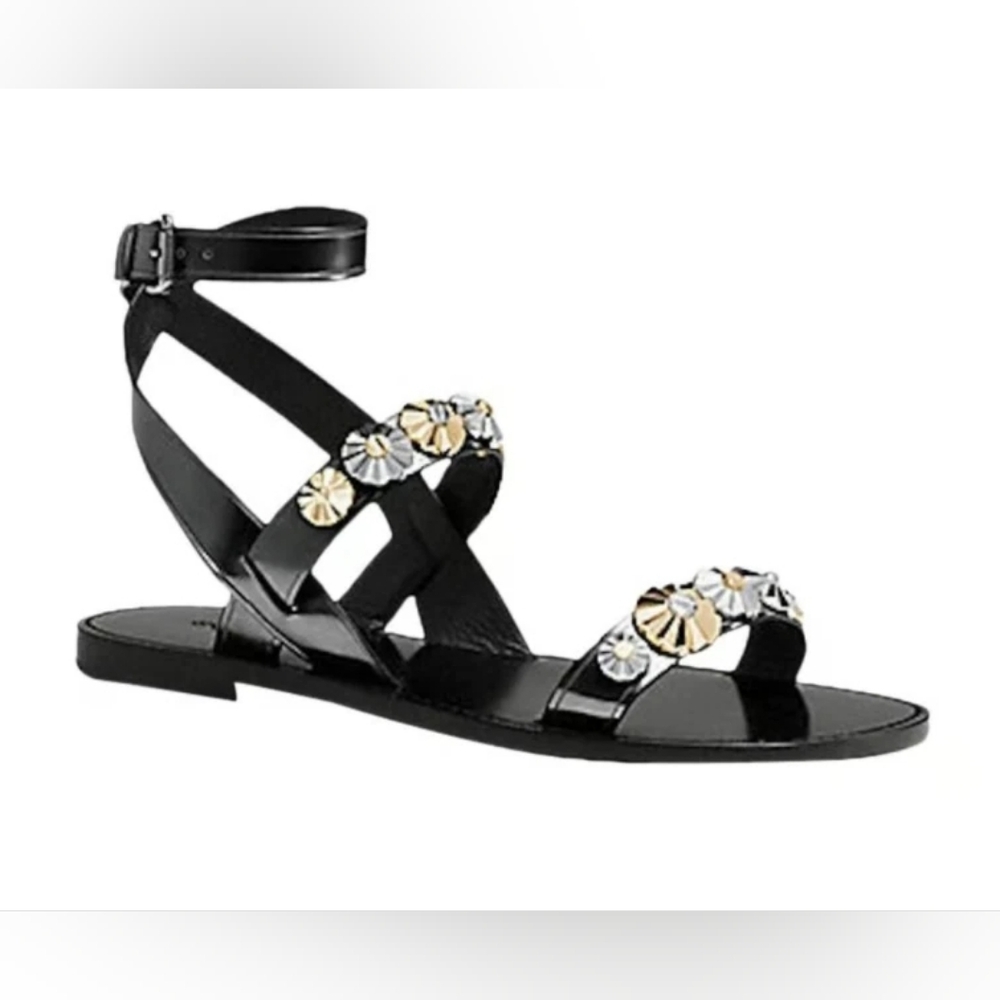 Coach Black Strappy Flat Sandals W/Silver and Gold Tone Rivet Detail Size US 7.5